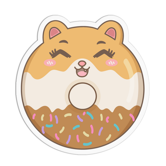 A die-cut cartoon hamster donut sticker on a plain white background. The donut has a tan and cream top with pink inner ears, closed winking eyes, pink cheeks, a brown lower half with multicolored sprinkles, and a white outline around the sticker.