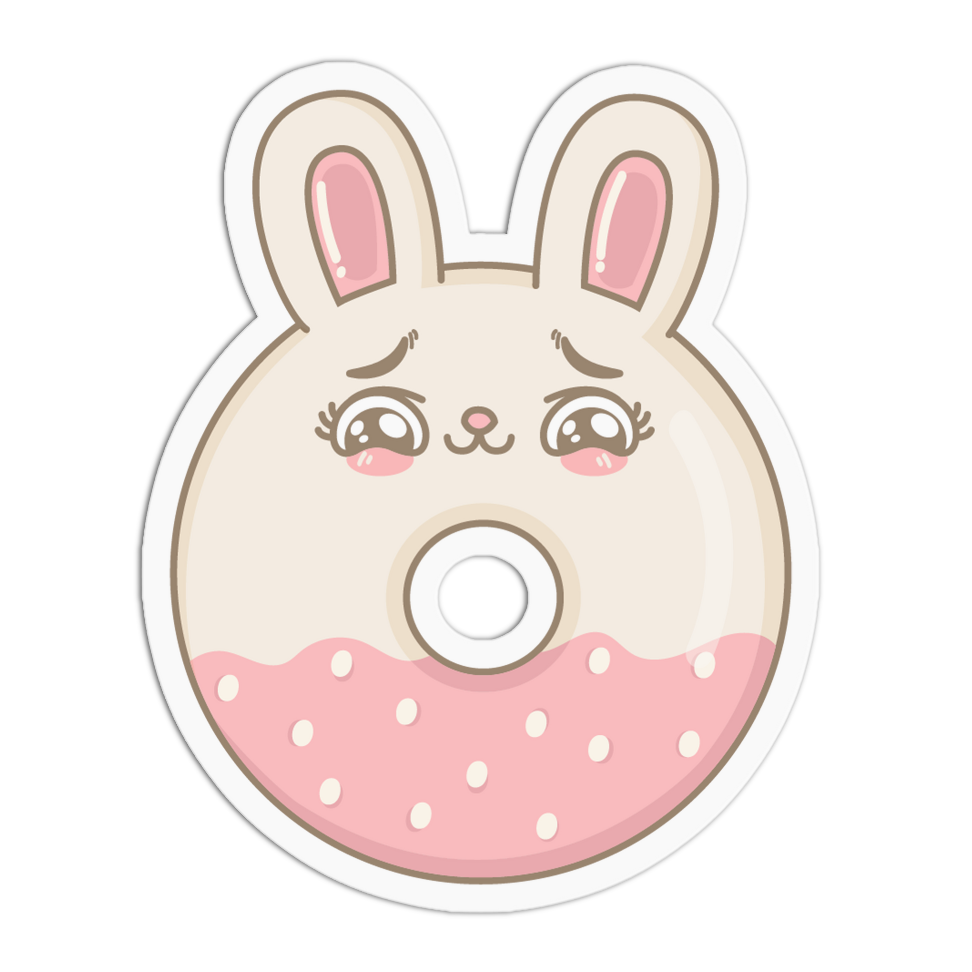 A die-cut cartoon sticker featuring a bunny face with long ears and a pink polka-dotted lower half, shown on a plain white background.