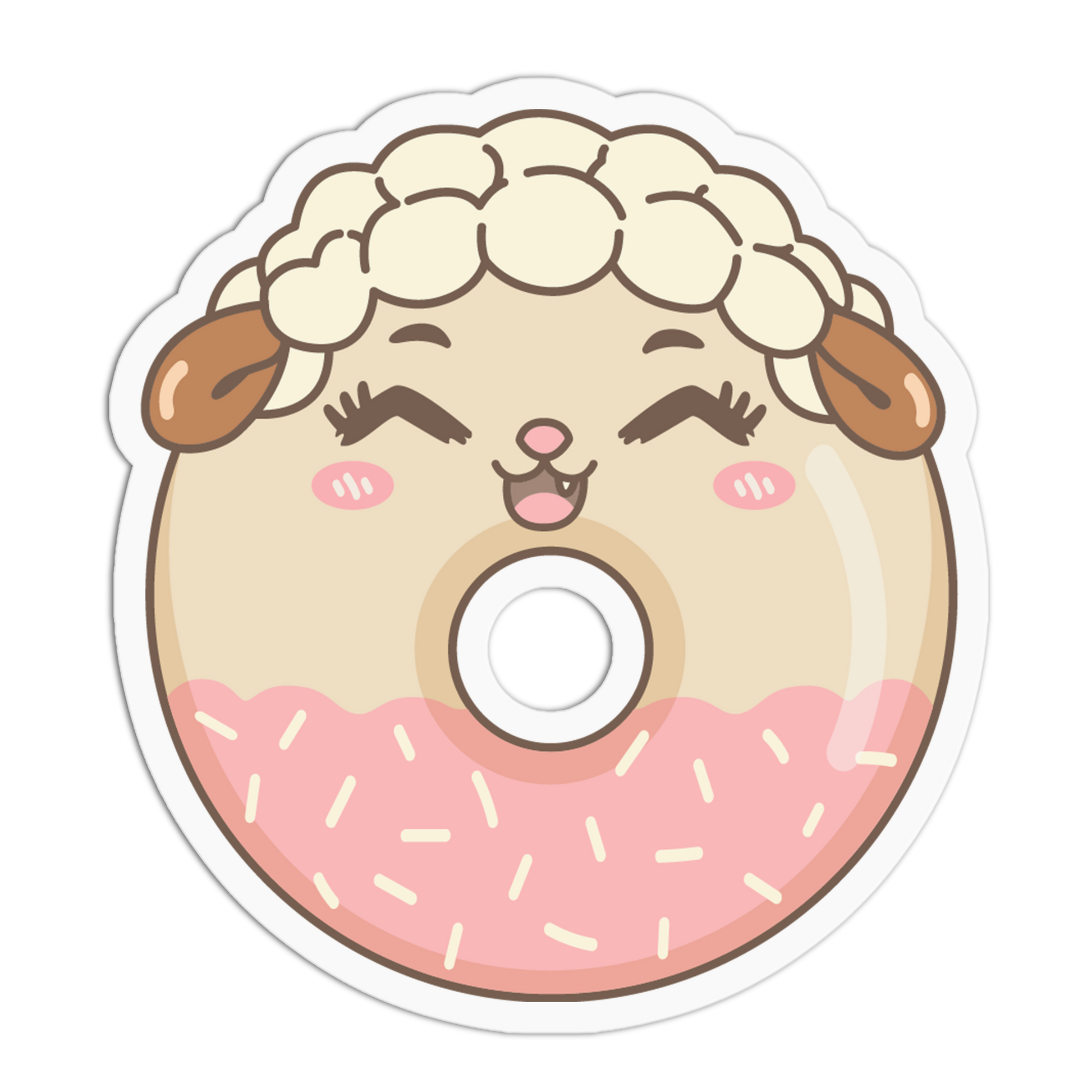 A die-cut cartoon sticker of a smiling sheep face with curly cream wool, brown ears, closed winking eyes, pink cheeks, and a pink frosted donut lower half with white sprinkles.