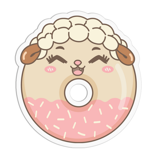 A die-cut cartoon sticker of a smiling sheep face with curly cream wool, brown ears, closed winking eyes, pink cheeks, and a pink frosted donut lower half with white sprinkles.