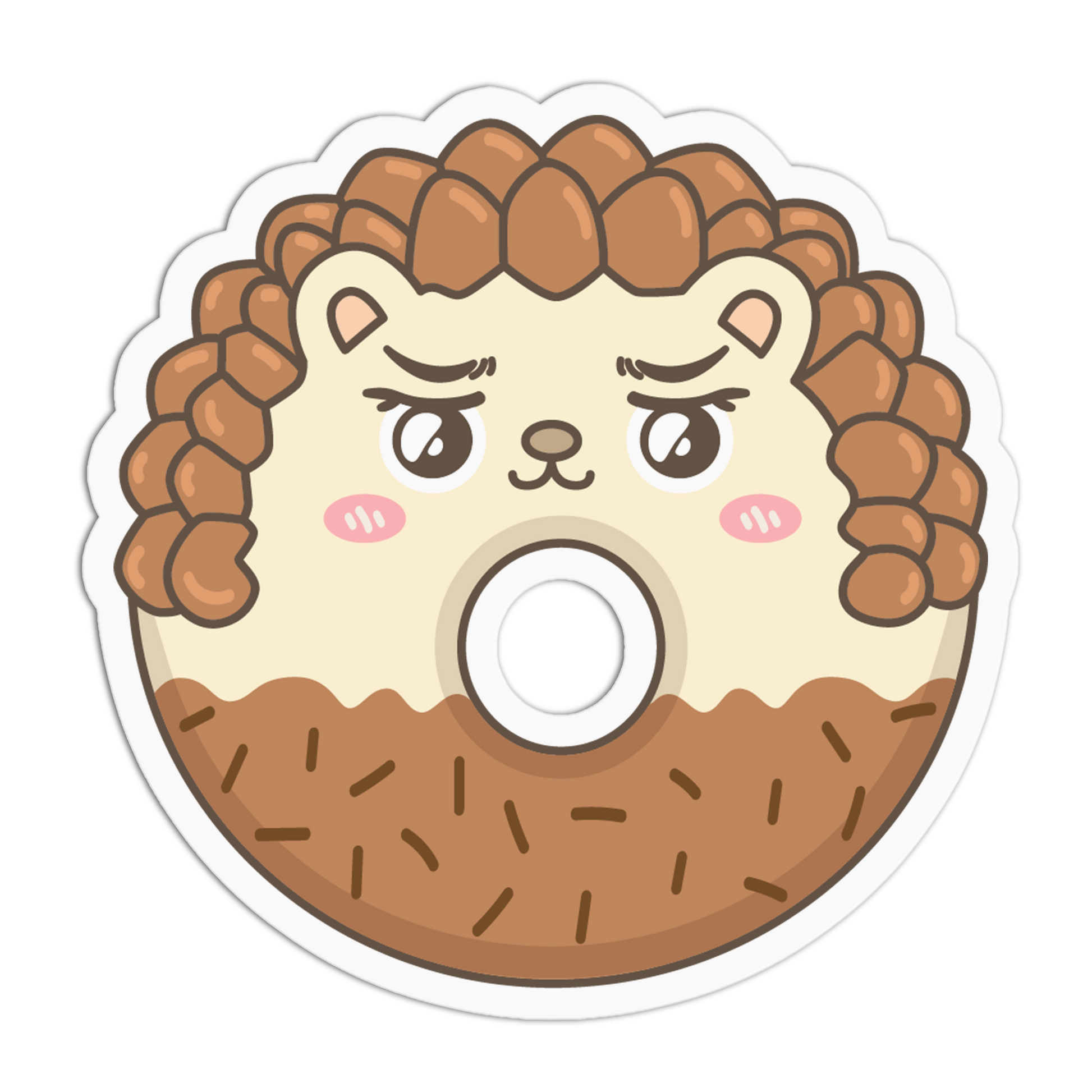 A die-cut cartoon hedgehog donut sticker with a grumpy expression, featuring brown spikes, a cream face, pink cheeks, and a brown textured lower half, shown on a white background.