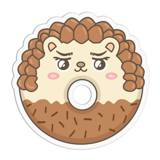 A die-cut cartoon hedgehog donut sticker with a grumpy expression, featuring brown spikes, a cream face, pink cheeks, and a brown textured lower half, shown on a white background.