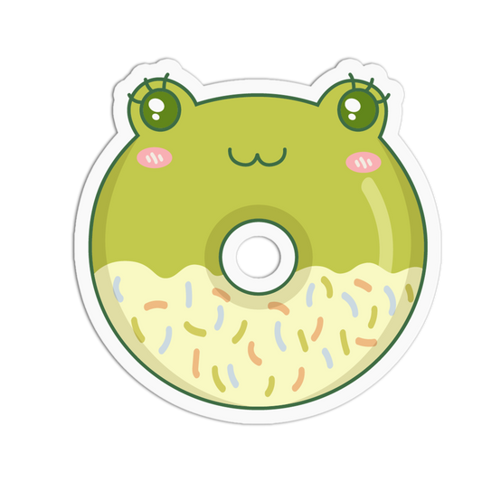 A die-cut sticker featuring a cute cartoon frog donut design. The top half is light green with a smiling face, and the bottom half is pale yellow with multicolored sprinkle details.
