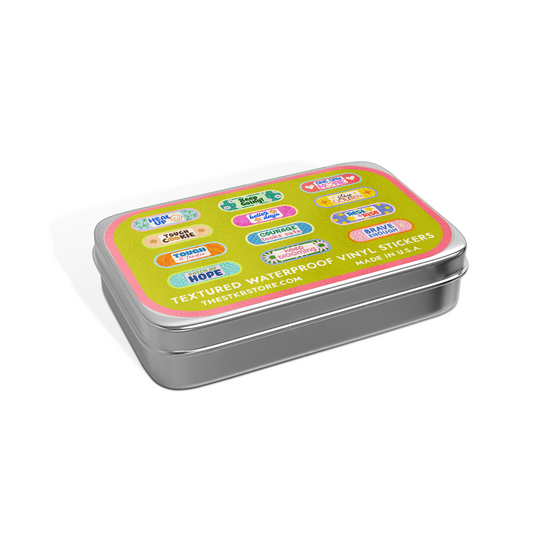 Metal tin with colorful label on a white background