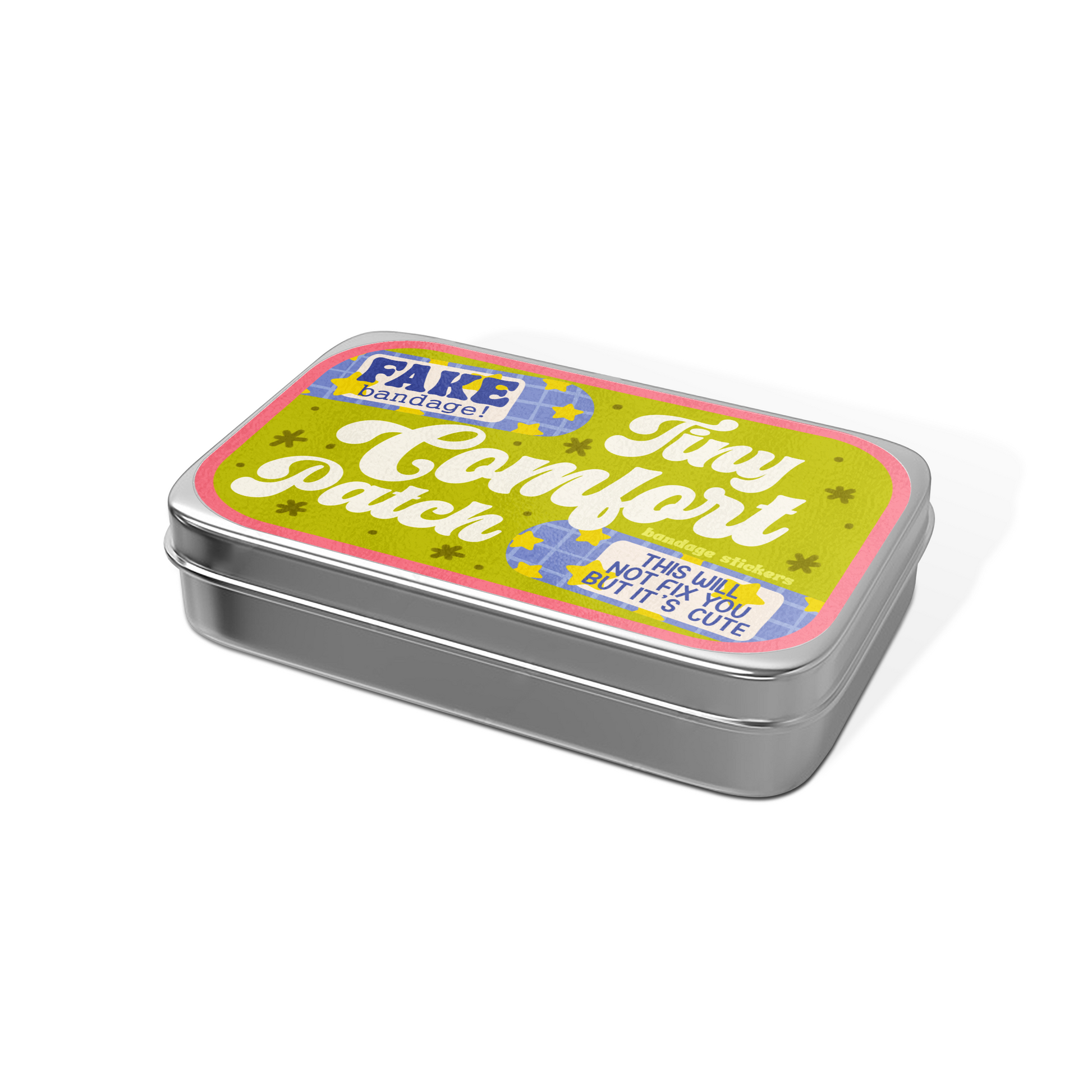 Metal tin labeled 'Fake Bandage Tiny Comfort Patch' on a white background