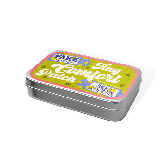 Metal tin labeled 'Fake Bandage Tiny Comfort Patch' on a white background