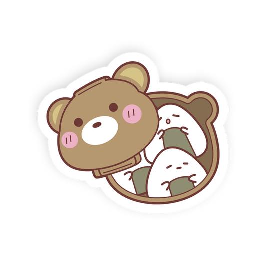 A cute cartoon bear sticker or decal showing a brown bear face and ears peeking over an osmanthus branch with white rice balls, isolated on a black background.