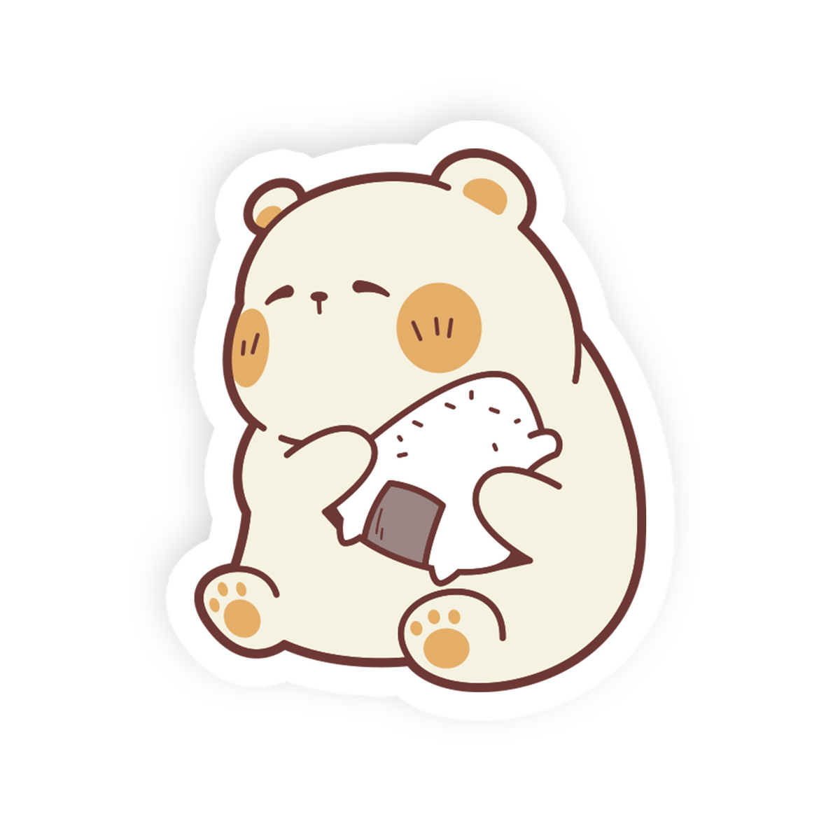 A cute cartoon bear sticker holding a piece of sushi, shown on a plain white background.