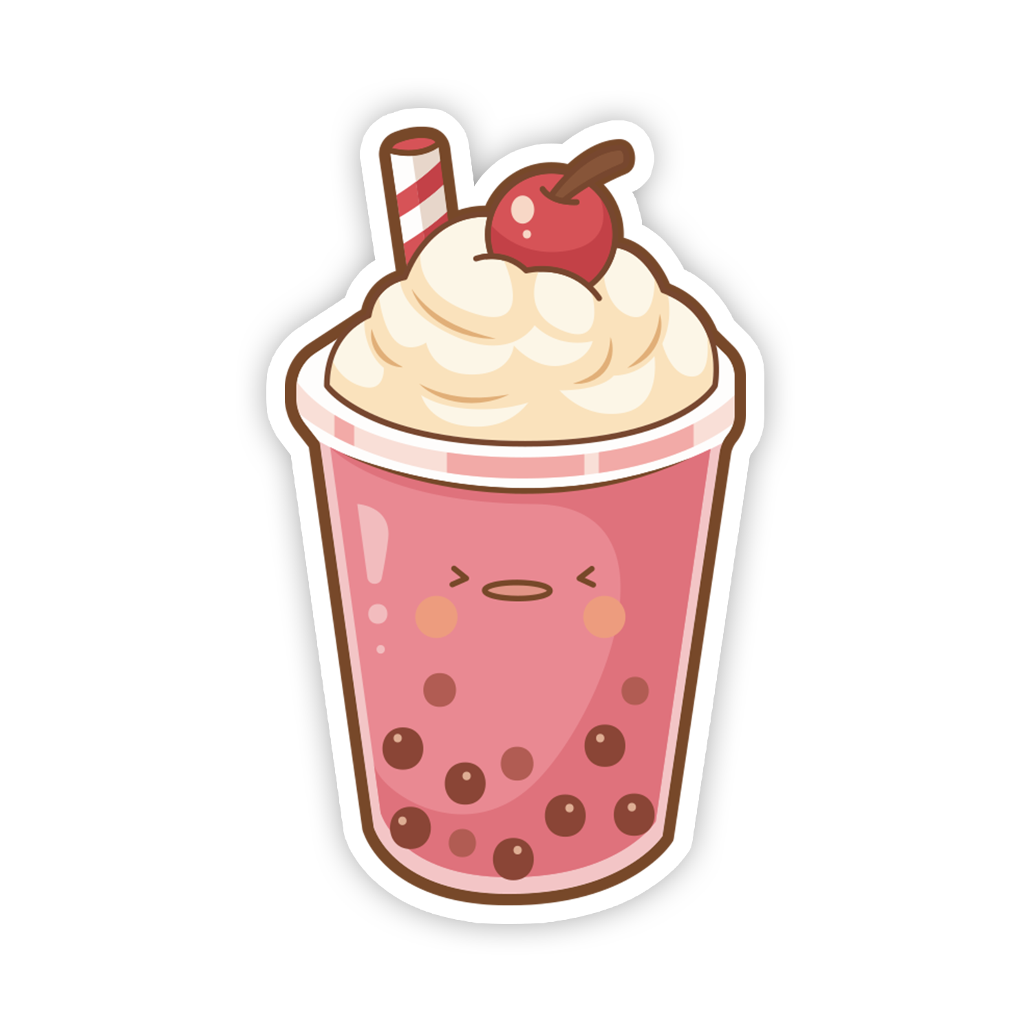 Cartoon bubble tea with whipped cream, cherry, and straw on a white background