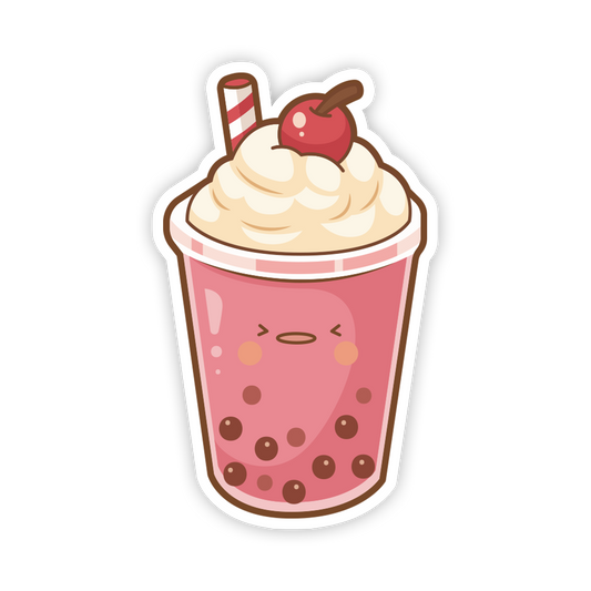 Cartoon bubble tea with whipped cream, cherry, and straw on a white background