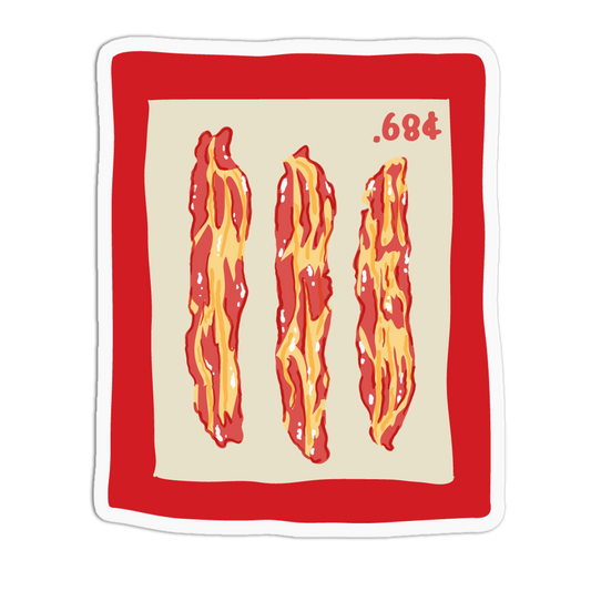 A die-cut sticker featuring an illustration of three strips of bacon on a cream background, surrounded by a thick red border, with the text '.684' in red in the top right.