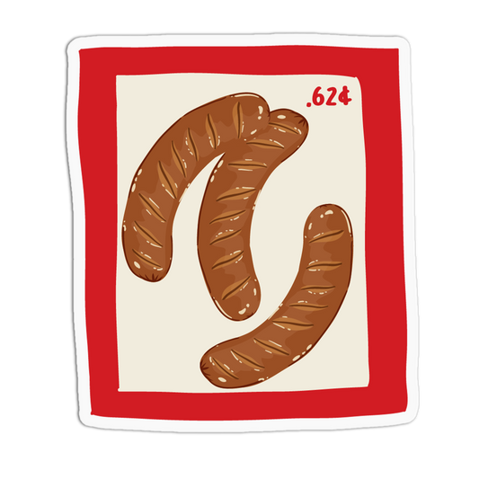 A square sticker or print featuring an illustration of three brown sausages on a cream background, surrounded by a bold red border and a white outer edge. The number '.