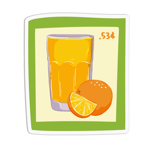 A stylized illustrated sticker or card featuring a tall glass of orange juice next to a whole orange and an orange slice, with the number .534 in the top right.