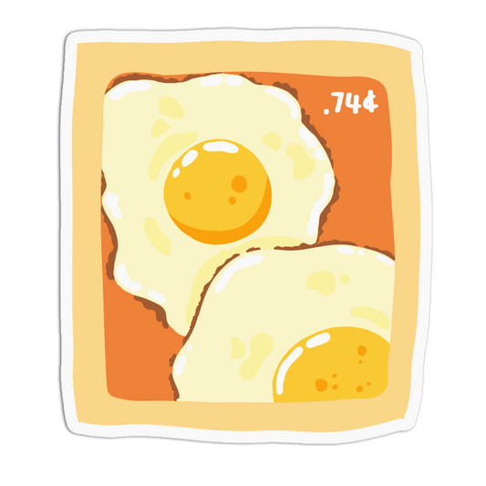 A square sticker or card featuring a cute cartoon illustration of two sunny-side-up eggs on an orange background, with a white border and the number '.744' in the top right.