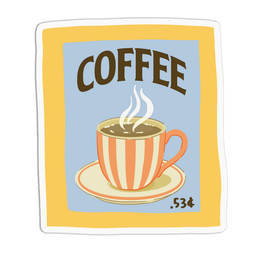 A square sticker or art print featuring a retro coffee illustration. The design has a thick yellow border, a light blue center, the word 'COFFEE' in dark brown letters, a striped orange and cream coffee cup with steam, and the text '.