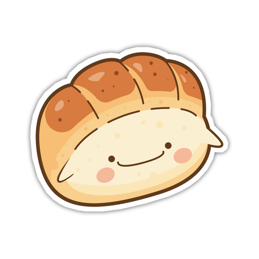 Cartoon bread character with a smiling face on a white background