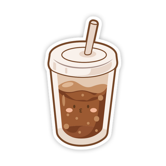 Cartoon-style iced coffee cup with a straw on a white background