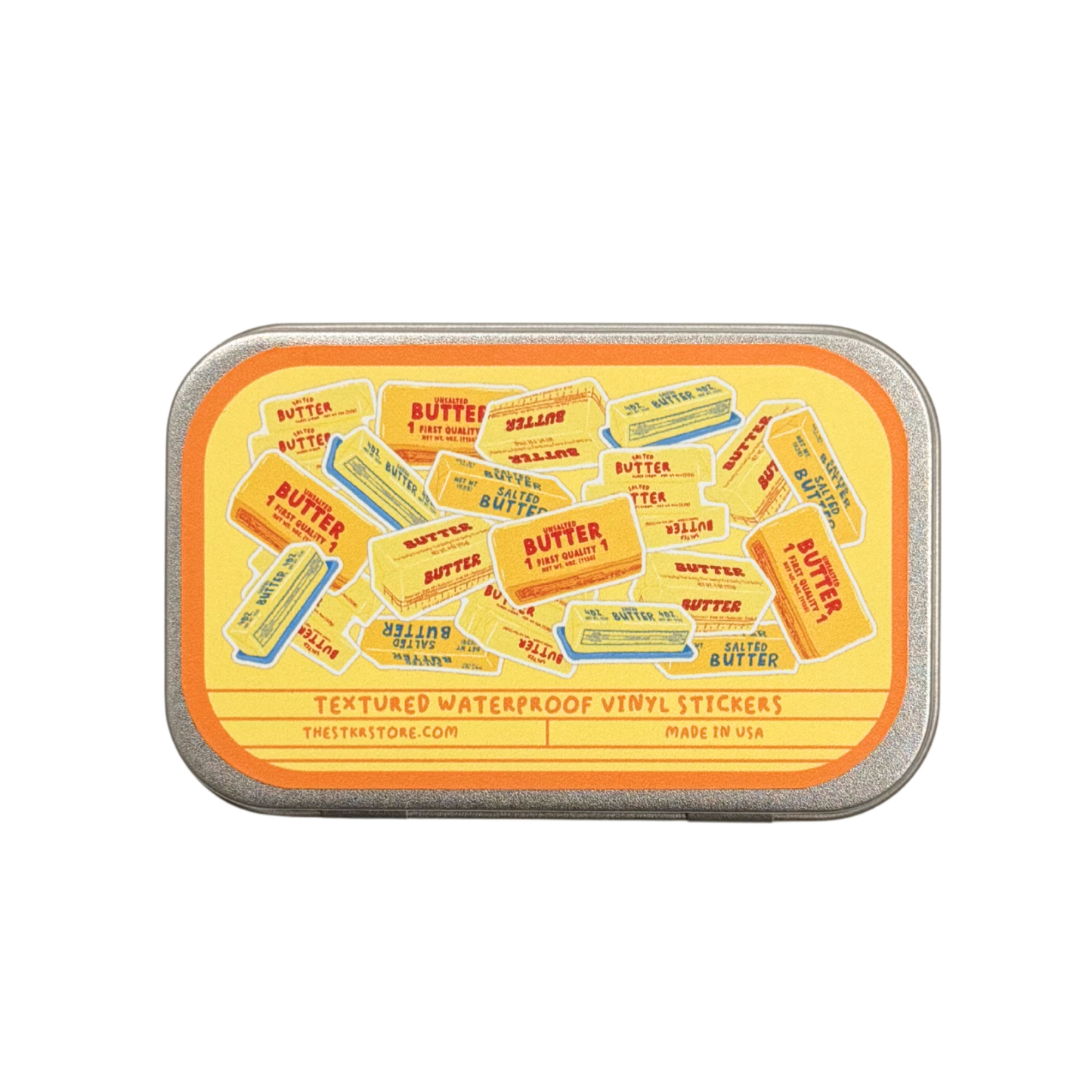 Pack of textured waterproof vinyl stickers with a yellow label on a white background