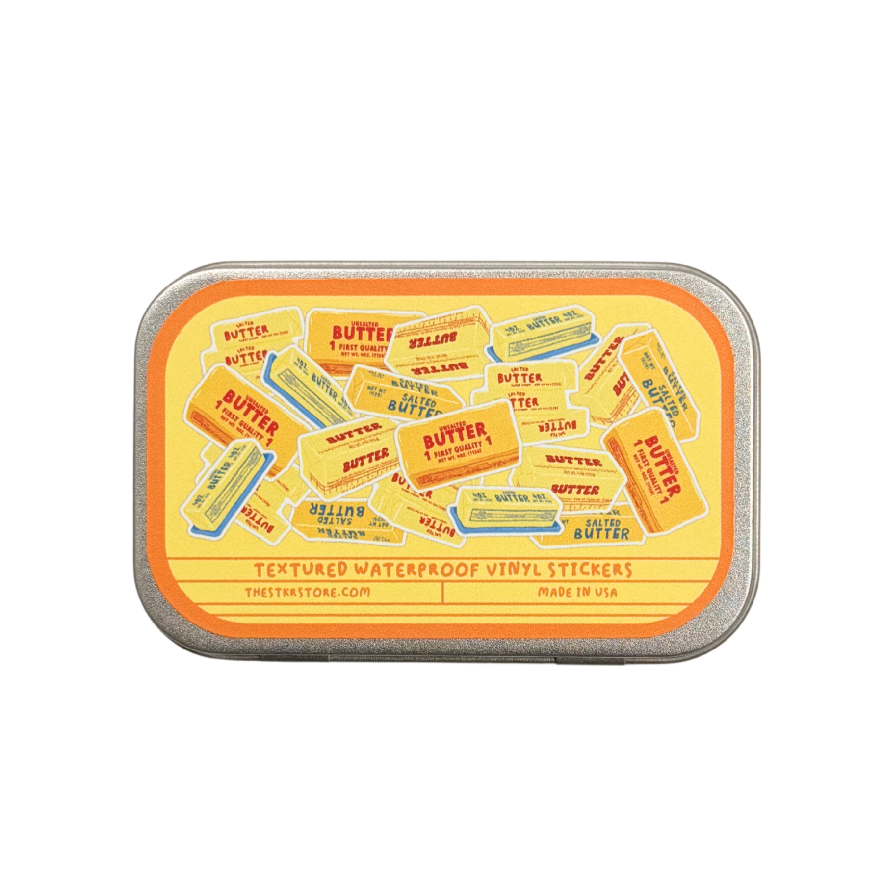 Pack of textured waterproof vinyl stickers with a yellow label on a white background