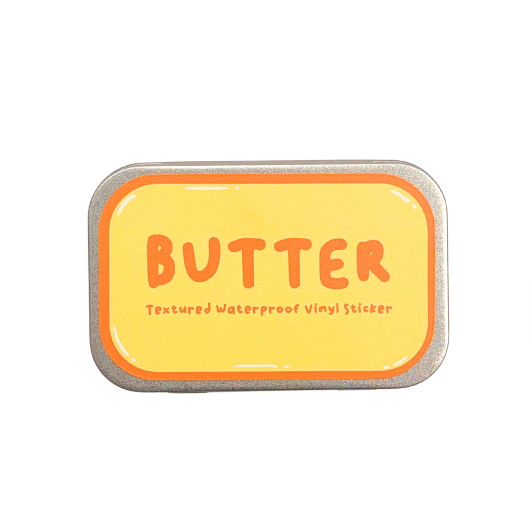 Rectangular sticker with 'BUTTER' text on a yellow background