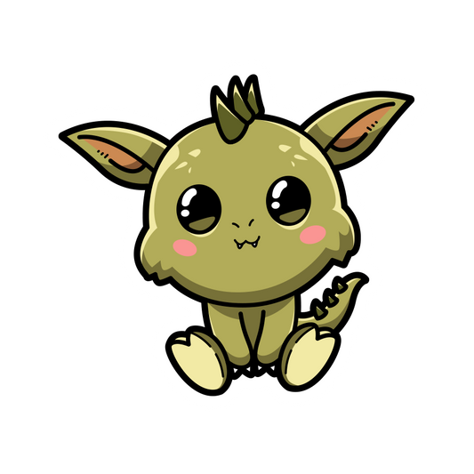 Cartoonish green creature with large eyes and a small mouth on a white background