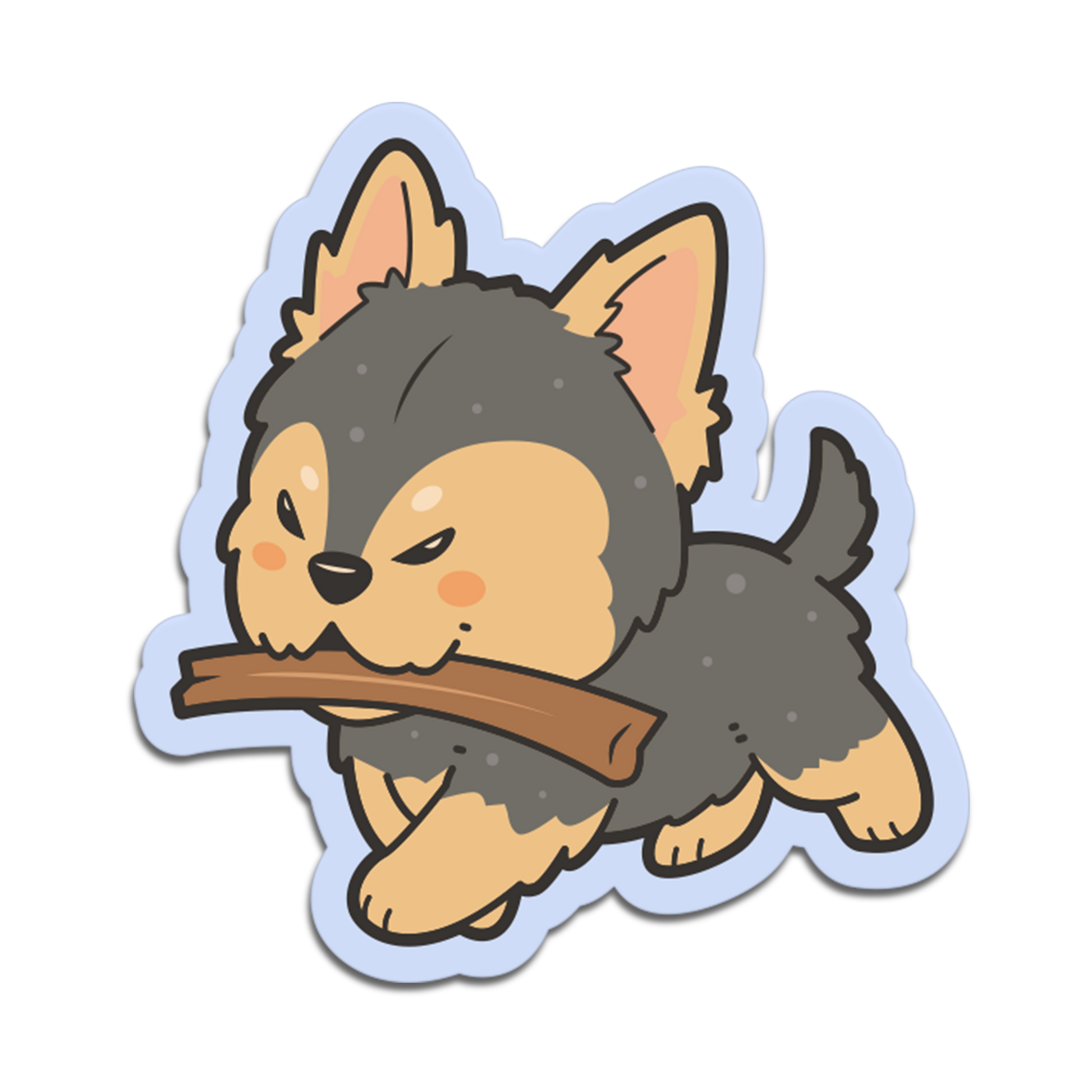 Cartoon dog holding a bone on a white background