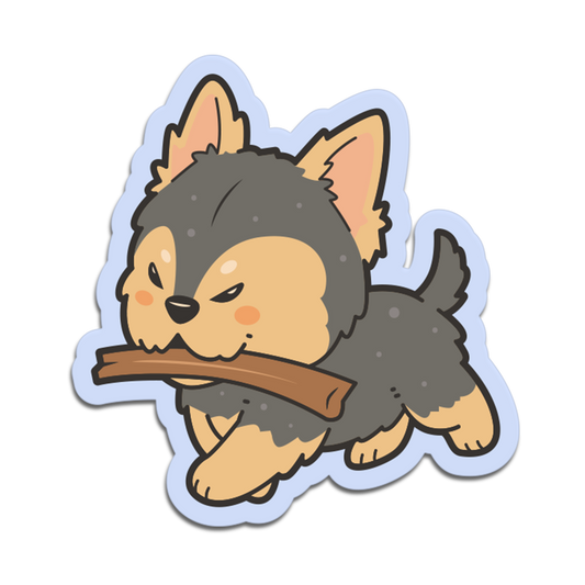 Cartoon dog holding a bone on a white background