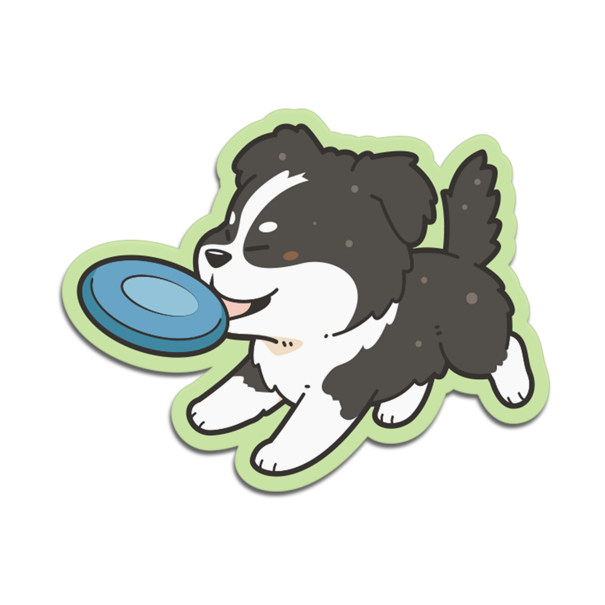 Cartoon dog with a blue frisbee on a white background