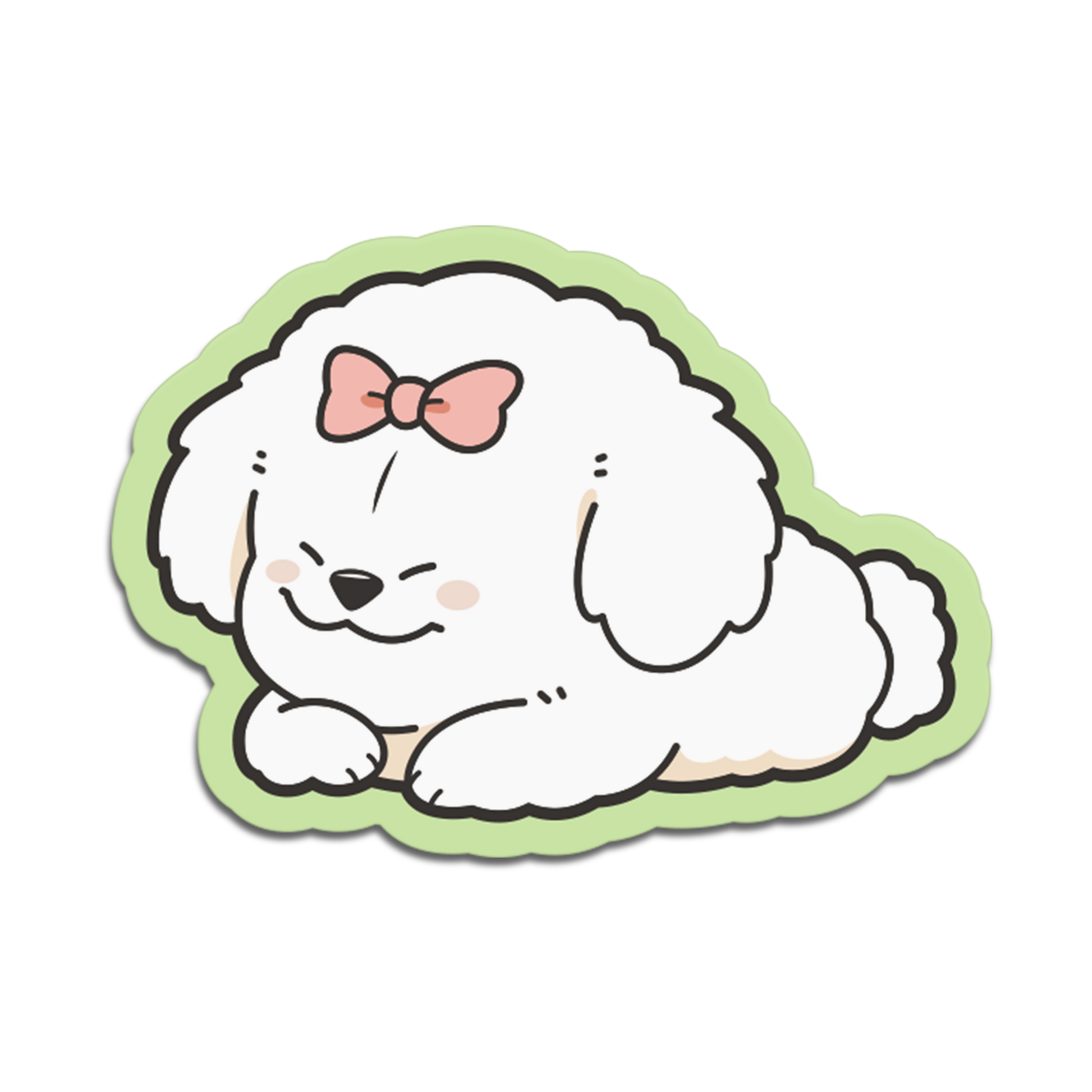 Cartoon dog with a pink bow on a white background