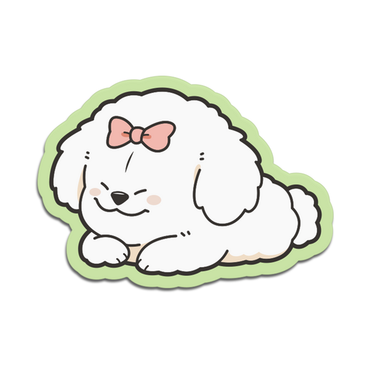 Cartoon dog with a pink bow on a white background