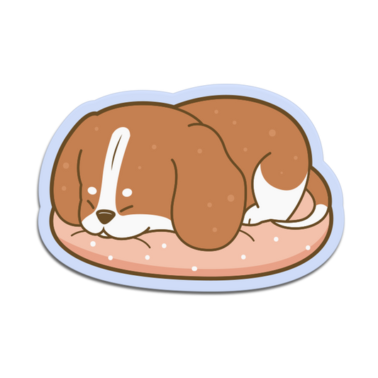 Cartoon sticker of a dog lying on a pink cushion with a white background