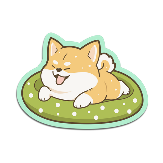Cartoon dog lying on a green rug with white polka dots on a white background