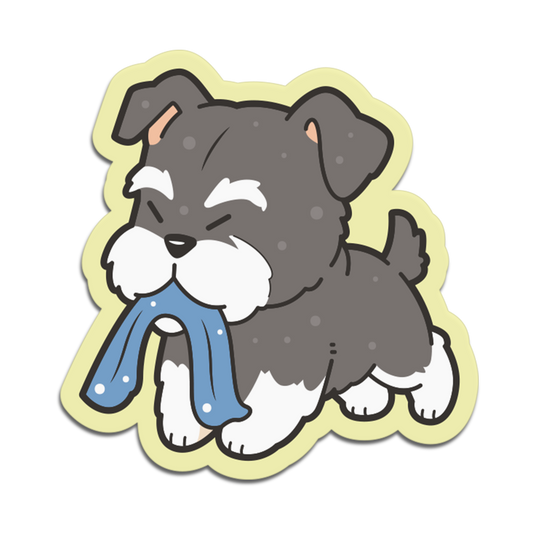 Cartoon dog holding a blue scarf on a white background
