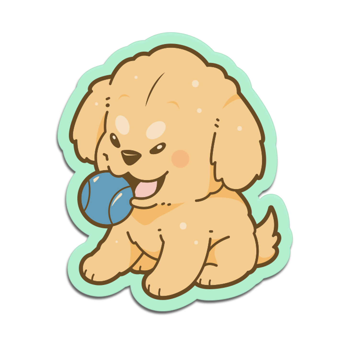 Cartoon puppy holding a blue ball on a white background