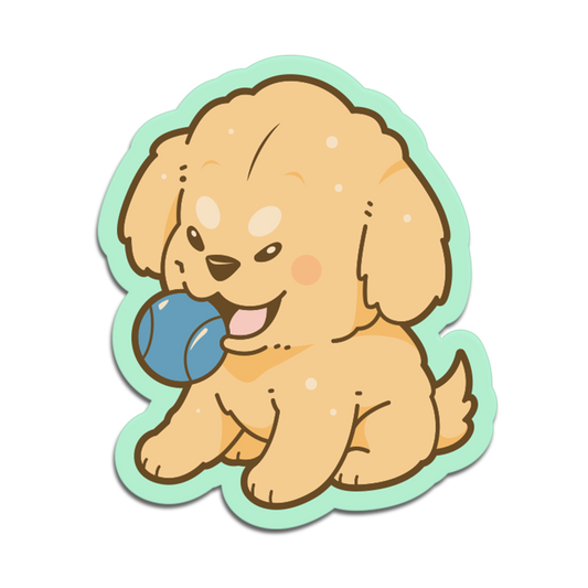 Cartoon puppy holding a blue ball on a white background