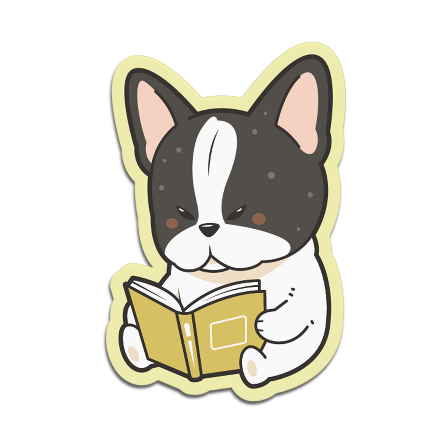 Sticker of a cartoon dog reading a book on a white background