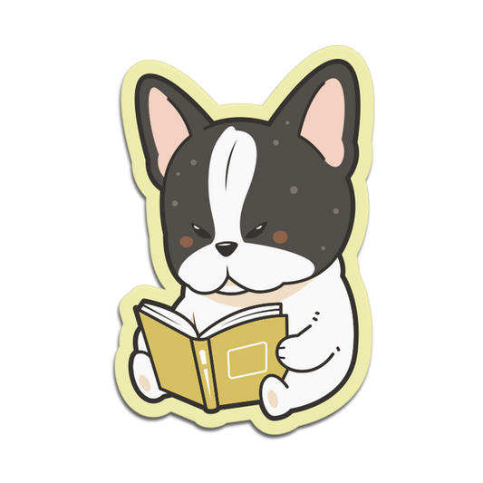 Sticker of a cartoon dog reading a book on a white background