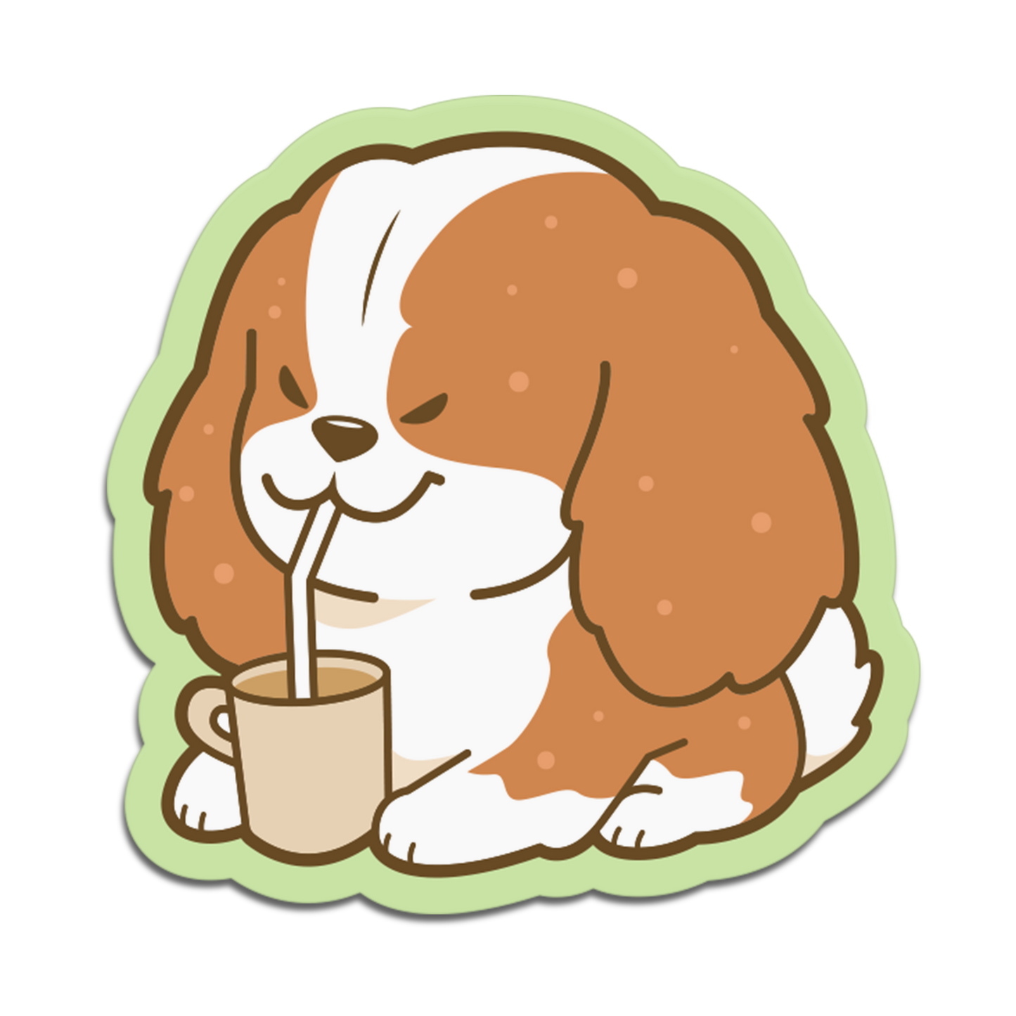 Cartoon dog drinking from a cup with a straw on a white background