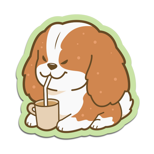 Cartoon dog drinking from a cup with a straw on a white background