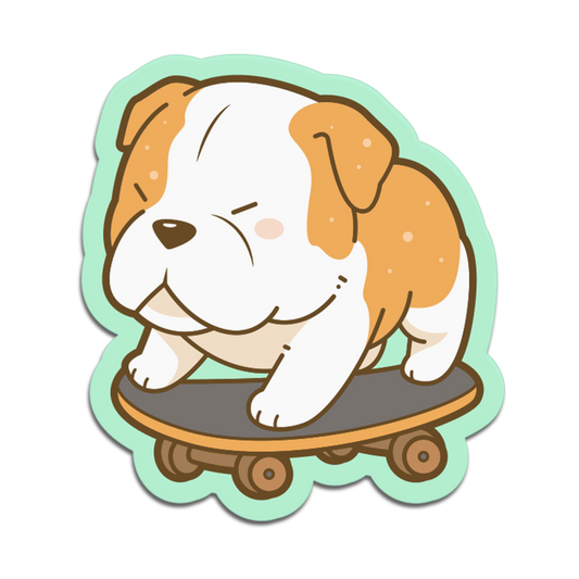 Cartoon bulldog on a skateboard with a light green border