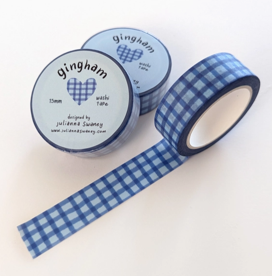 Blue gingham washi tape with 'gingham' and '15mm' labels on a white background