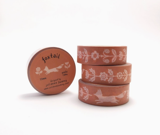 Set of decorative washi tape rolls with floral and animal designs on a white background
