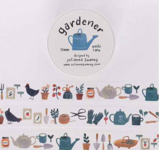 Gardening-themed washi tape with illustrations of gardening tools and plants on a white background.