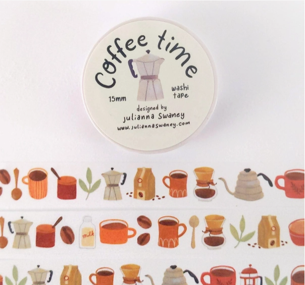 Washi tape with coffee-themed illustrations and 'Coffee time' text on a white background
