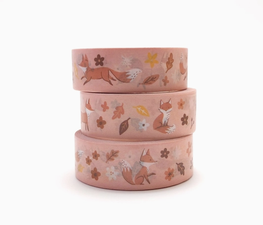 Set of three pink nesting containers with fox and floral patterns on a white background