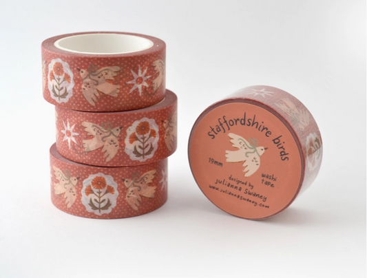 Stack of washi tape with 'Staffordshire birds' design on a white background