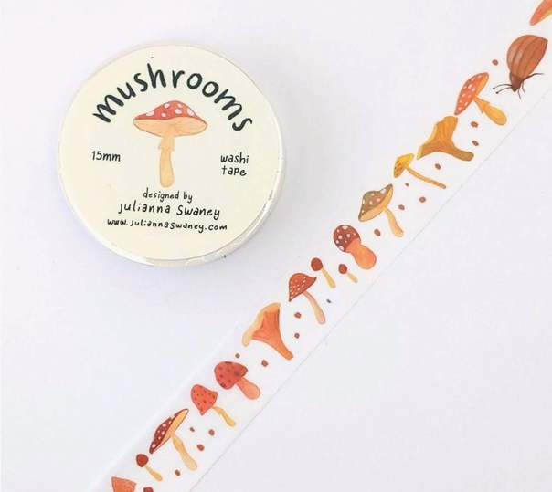 Mushroom-themed washi tape with a container labeled 'mushrooms' on a white background.