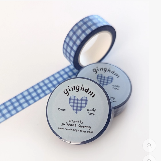 Blue gingham washi tape with a heart design on a white background