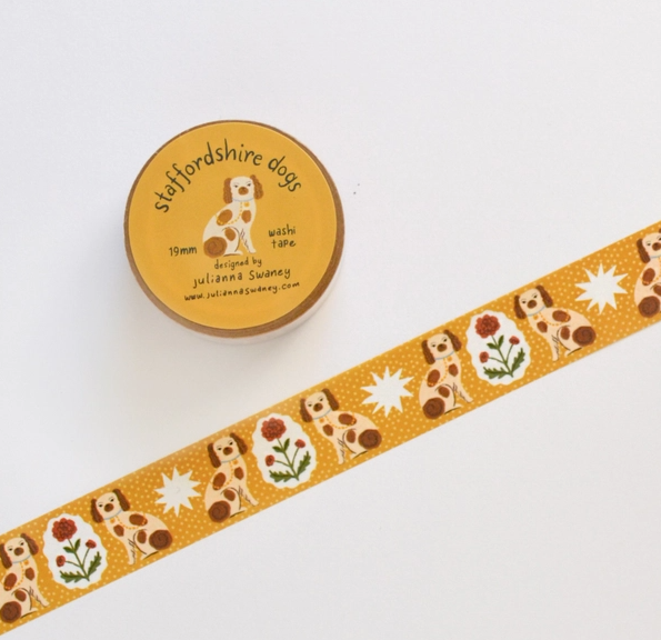 Washi tape with Staffordshire dog design and a container labeled 'Staffordshire dogs' on a white background.