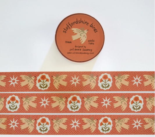 Decorative ribbon with floral and bird pattern on a white background